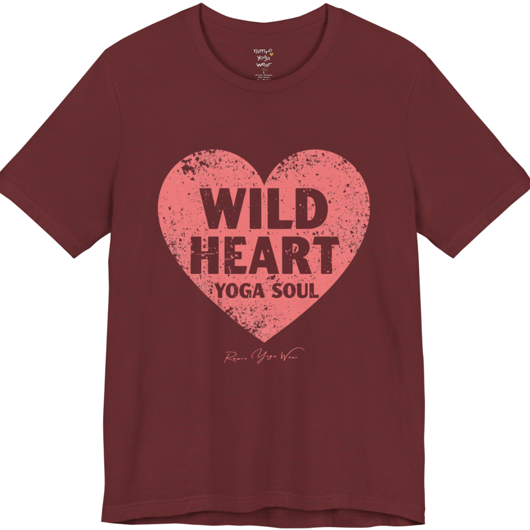 WILD HEART YOGA SOUL distressed heart tee — Funny Yoga Shirts collection by Ramro Yoga Wear — Heather Cardinal