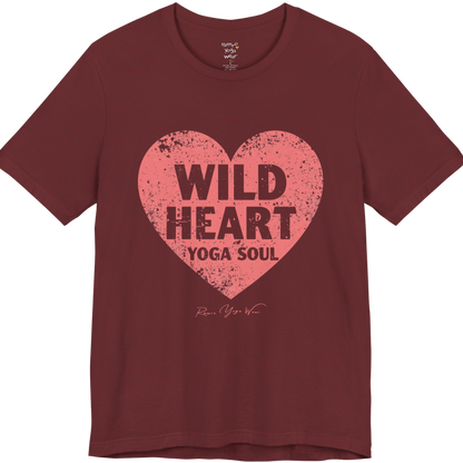 WILD HEART YOGA SOUL distressed heart tee — Funny Yoga Shirts collection by Ramro Yoga Wear — Heather Cardinal