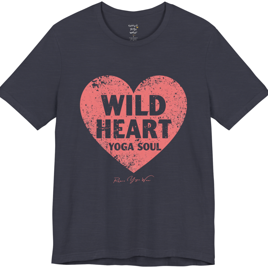 WILD HEART YOGA SOUL distressed heart tee — Funny Yoga Shirts collection by Ramro Yoga Wear — Heather Midnight Navy