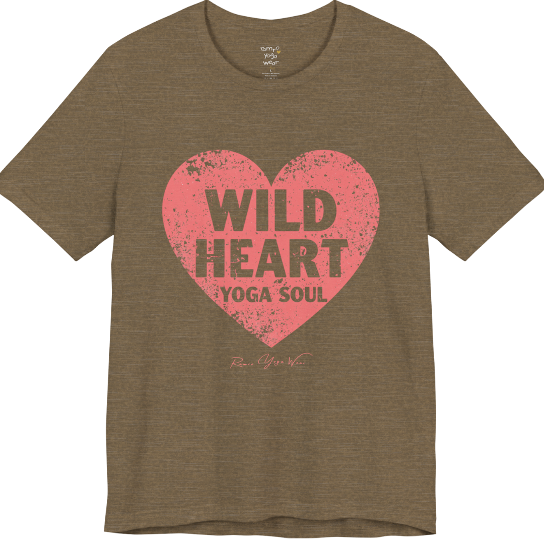 WILD HEART YOGA SOUL distressed heart tee — Funny Yoga Shirts collection by Ramro Yoga Wear — Heather Olive