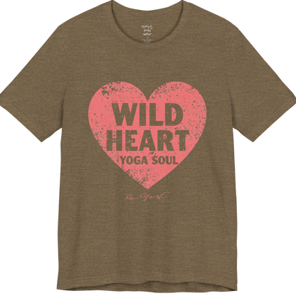 WILD HEART YOGA SOUL distressed heart tee — Funny Yoga Shirts collection by Ramro Yoga Wear — Heather Olive