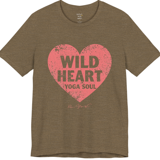 WILD HEART YOGA SOUL distressed heart tee — Funny Yoga Shirts collection by Ramro Yoga Wear — Heather Olive