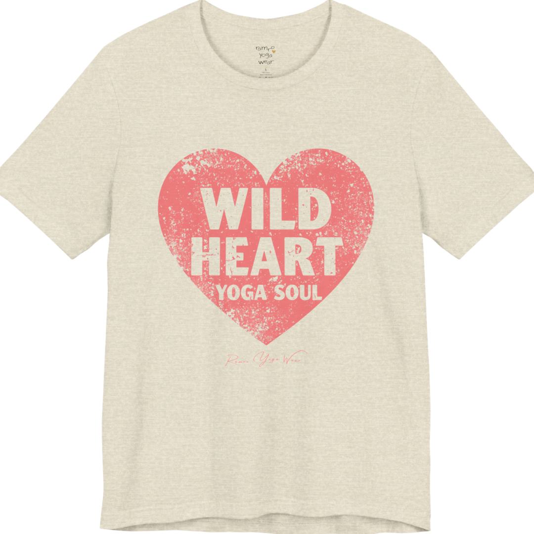 WILD HEART YOGA SOUL distressed heart tee — Funny Yoga Shirts collection by Ramro Yoga Wear — Heather Prism Natural