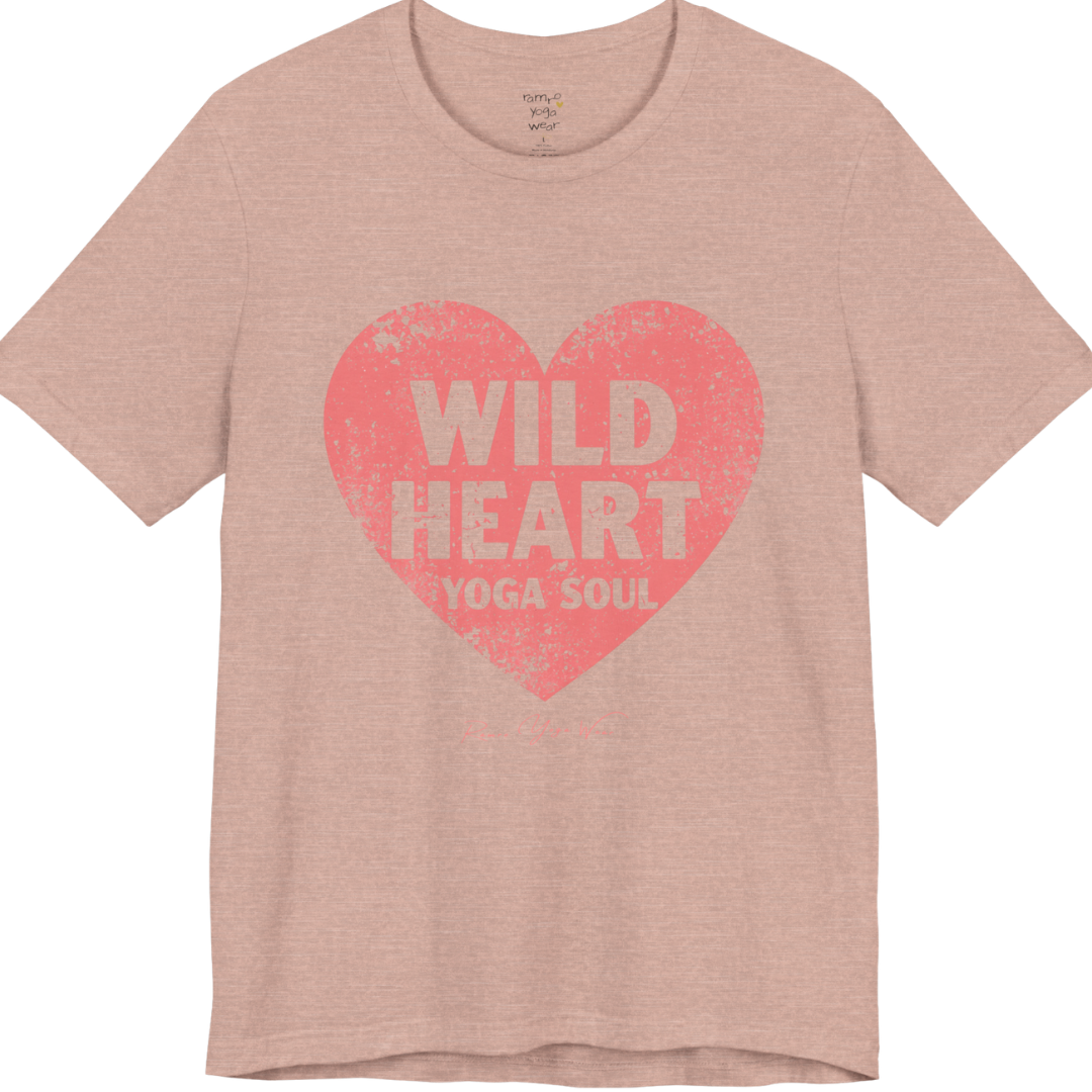 WILD HEART YOGA SOUL distressed heart tee — Funny Yoga Shirts collection by Ramro Yoga Wear — Heather Prism Peach