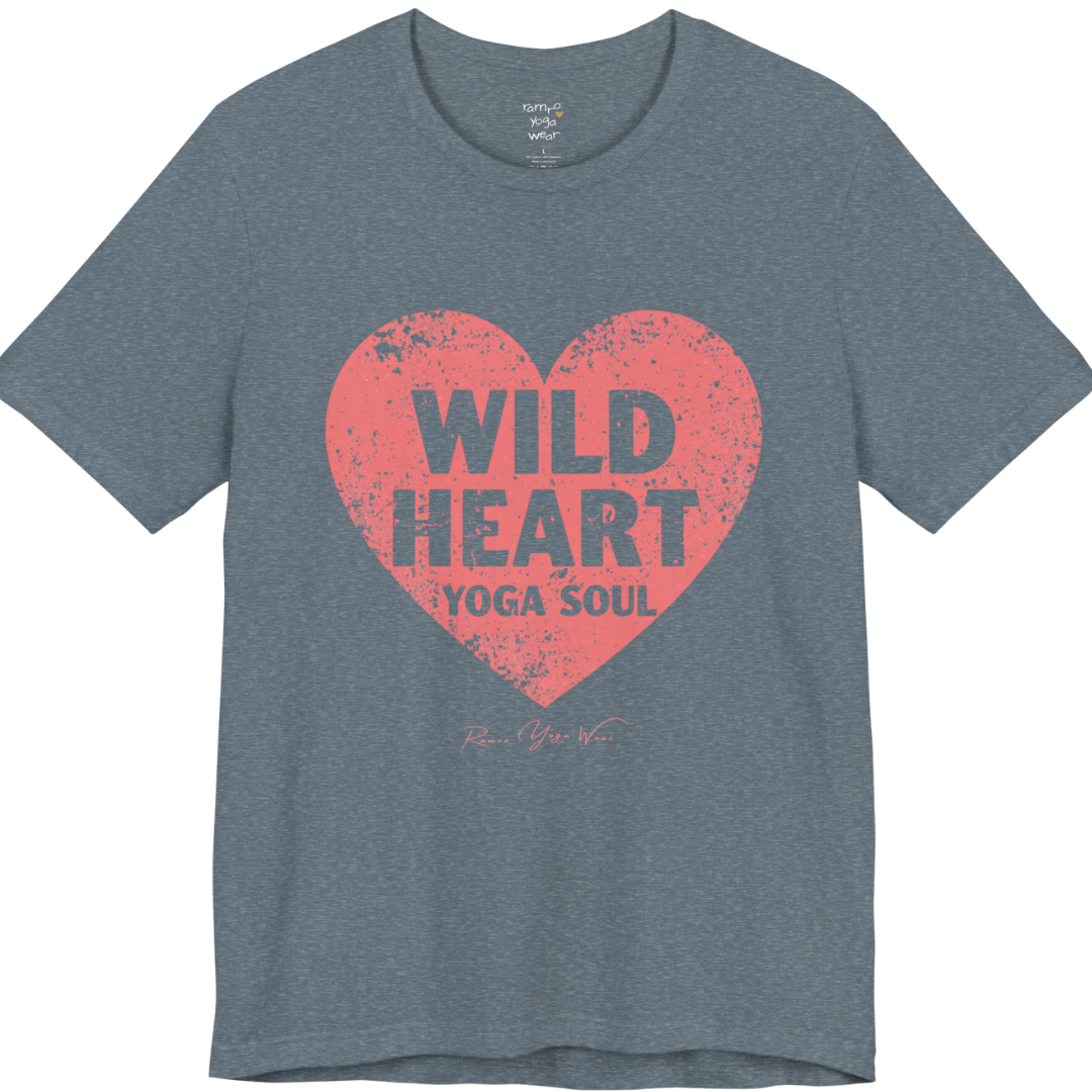 WILD HEART YOGA SOUL distressed heart tee — Funny Yoga Shirts collection by Ramro Yoga Wear — Heather Slate
