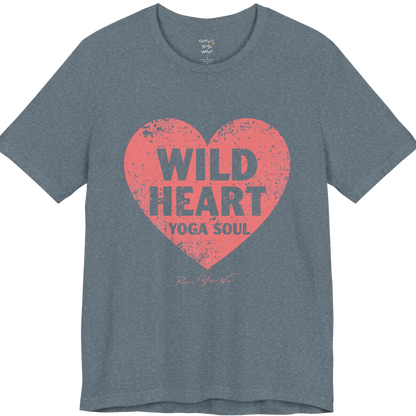 WILD HEART YOGA SOUL distressed heart tee — Funny Yoga Shirts collection by Ramro Yoga Wear — Heather Slate
