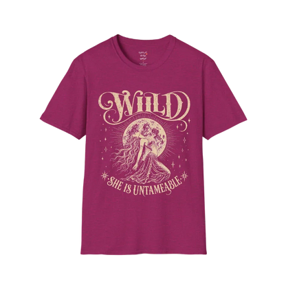 Antique Heliconia Wild T-Shirt with celestial moon artwork and mystical feminine graphic in vintage cream print.