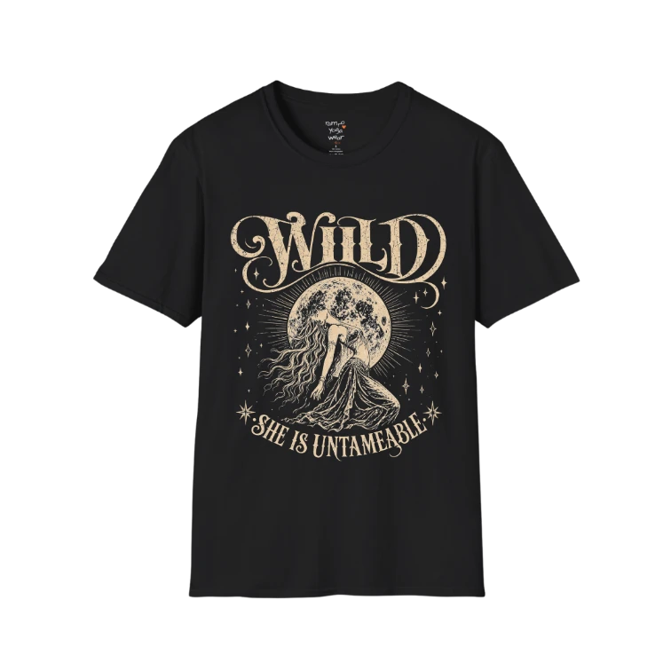 Black Wild T-Shirt featuring distressed moon goddess artwork and untamed spiritual graphic design.
