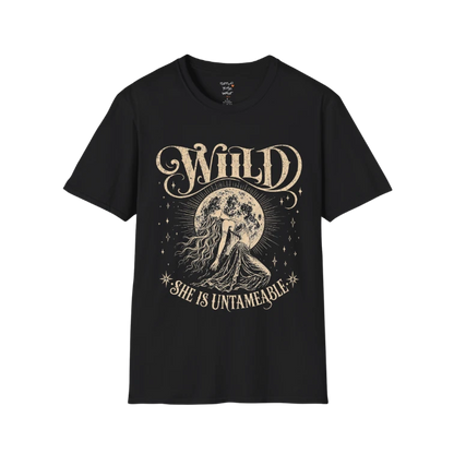 Black Wild T-Shirt featuring distressed moon goddess artwork and untamed spiritual graphic design.