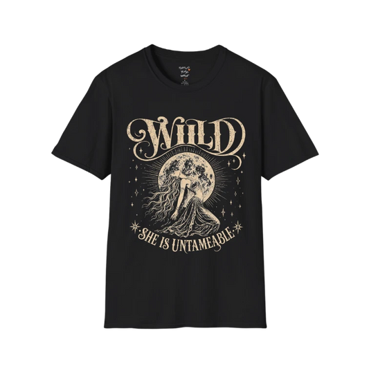 Black Wild T-Shirt featuring distressed moon goddess artwork and untamed spiritual graphic design.