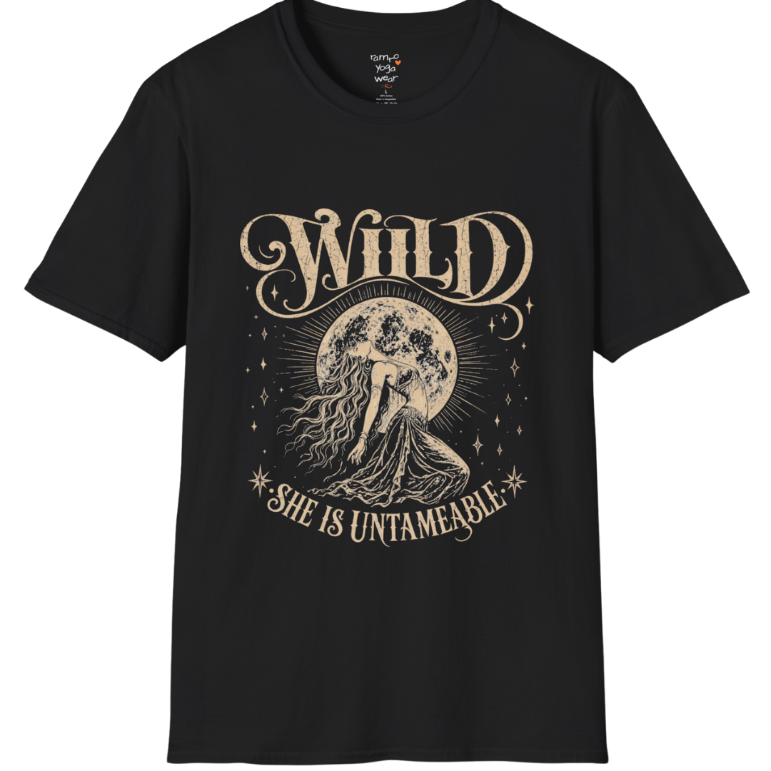 Black Wild T-Shirt featuring distressed moon goddess artwork and untamed spiritual graphic design.