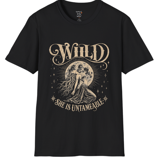 Black Wild T-Shirt featuring distressed moon goddess artwork and untamed spiritual graphic design.