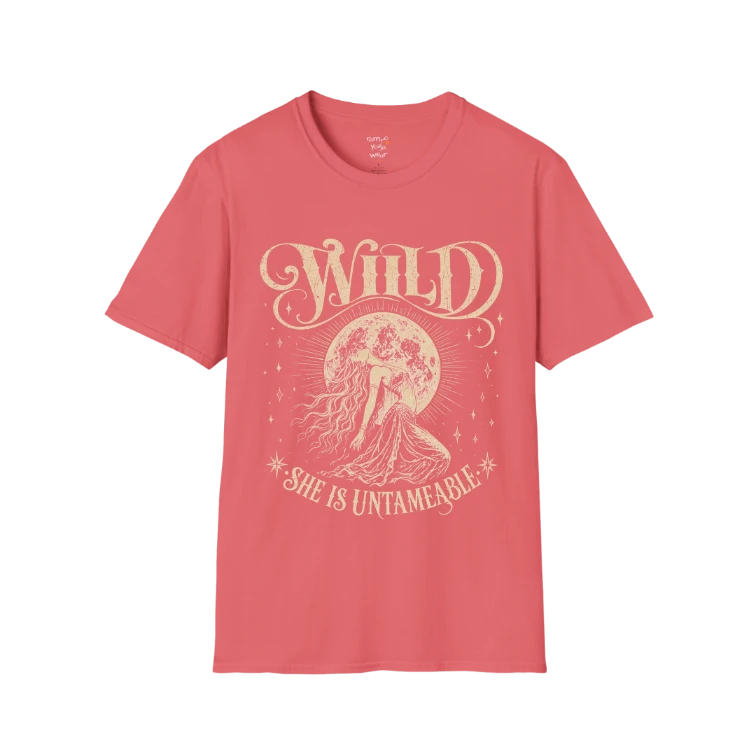 Coral Silk Wild T-Shirt with vintage celestial yoga-inspired artwork and soft cream mystical print.