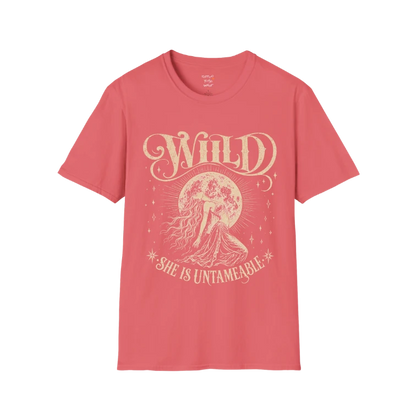 Coral Silk Wild T-Shirt with vintage celestial yoga-inspired artwork and soft cream mystical print.