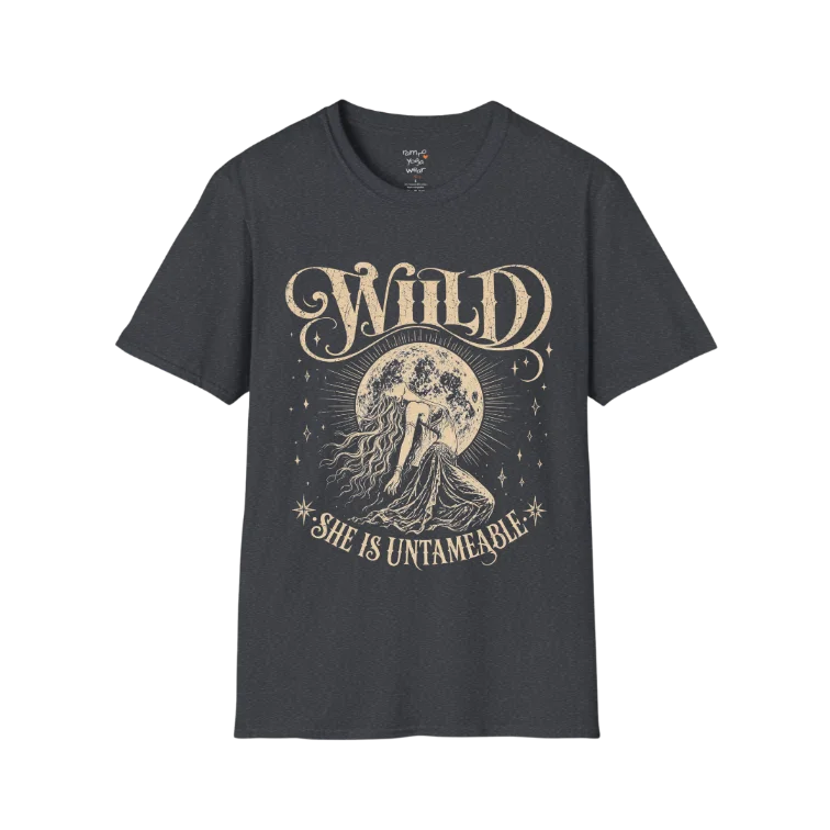 Dark Heather Gray Wild T-Shirt with moonlit feminine artwork and distressed spiritual graphic aesthetic.