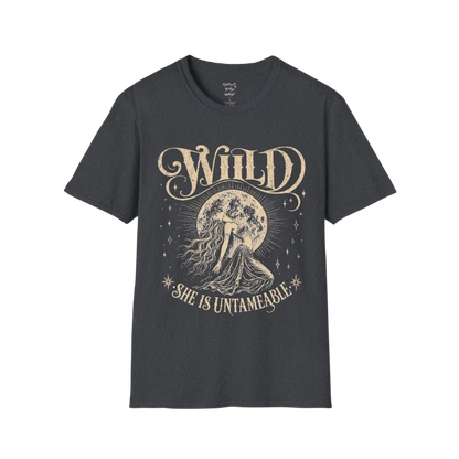 Dark Heather Gray Wild T-Shirt with moonlit feminine artwork and distressed spiritual graphic aesthetic.