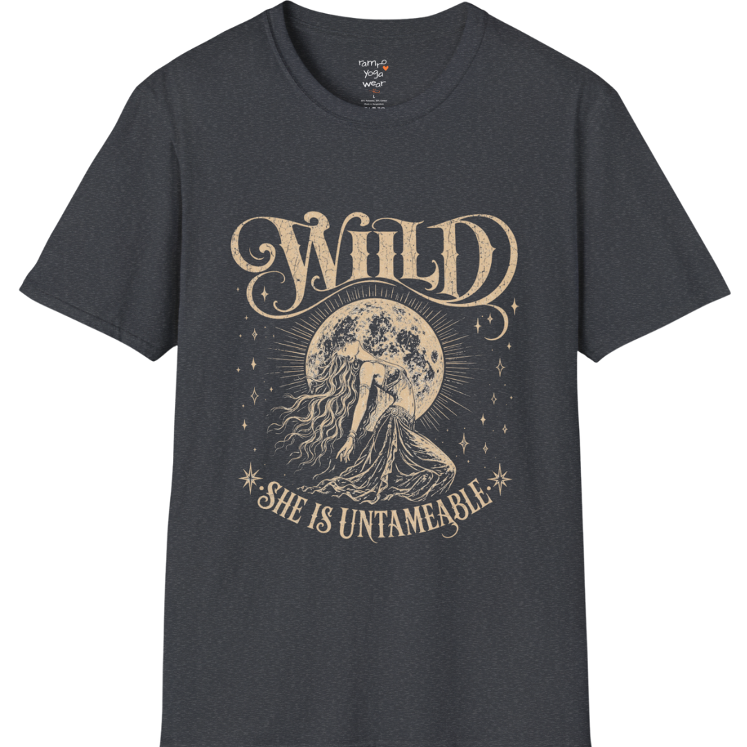 Dark Heather Grey Wild T-Shirt with moonlit feminine artwork and distressed spiritual graphic aesthetic.
