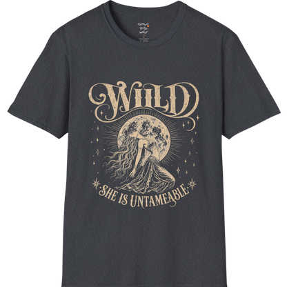 Dark Heather Grey Wild T-Shirt with moonlit feminine artwork and distressed spiritual graphic aesthetic.