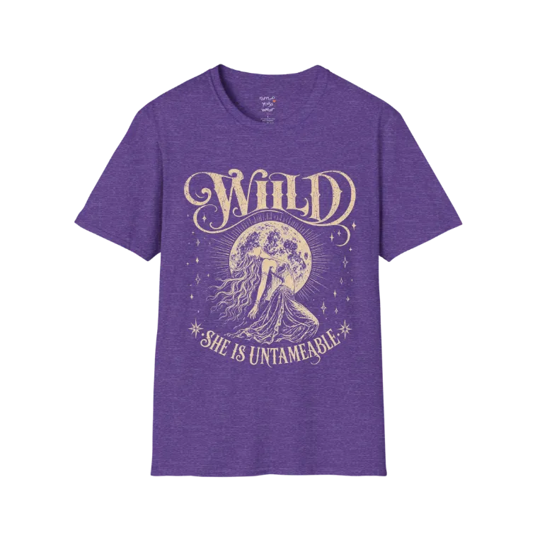 Heather Purple Wild T-Shirt with mystical moon goddess design and vintage cream celestial artwork.