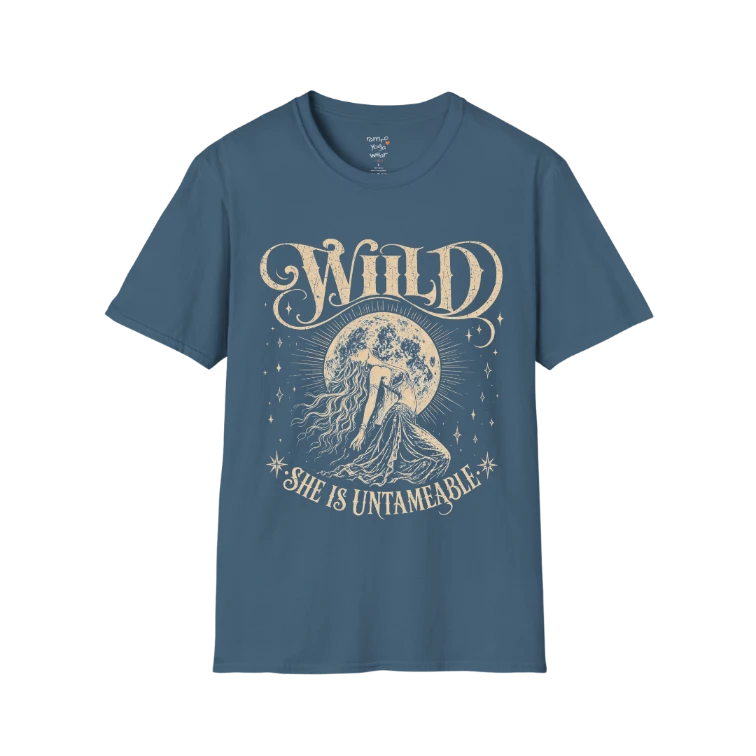 Indigo Blue Wild T-Shirt with distressed celestial artwork and untameable feminine spirit graphic.
