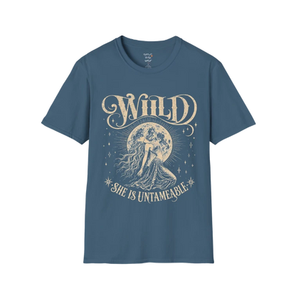 Indigo Blue Wild T-Shirt with distressed celestial artwork and untameable feminine spirit graphic.