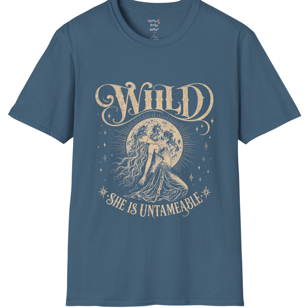 Indigo Blue Wild T-Shirt with distressed celestial artwork and untameable feminine spirit graphic.