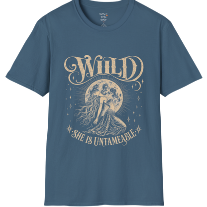 Indigo Blue Wild T-Shirt with distressed celestial artwork and untameable feminine spirit graphic.