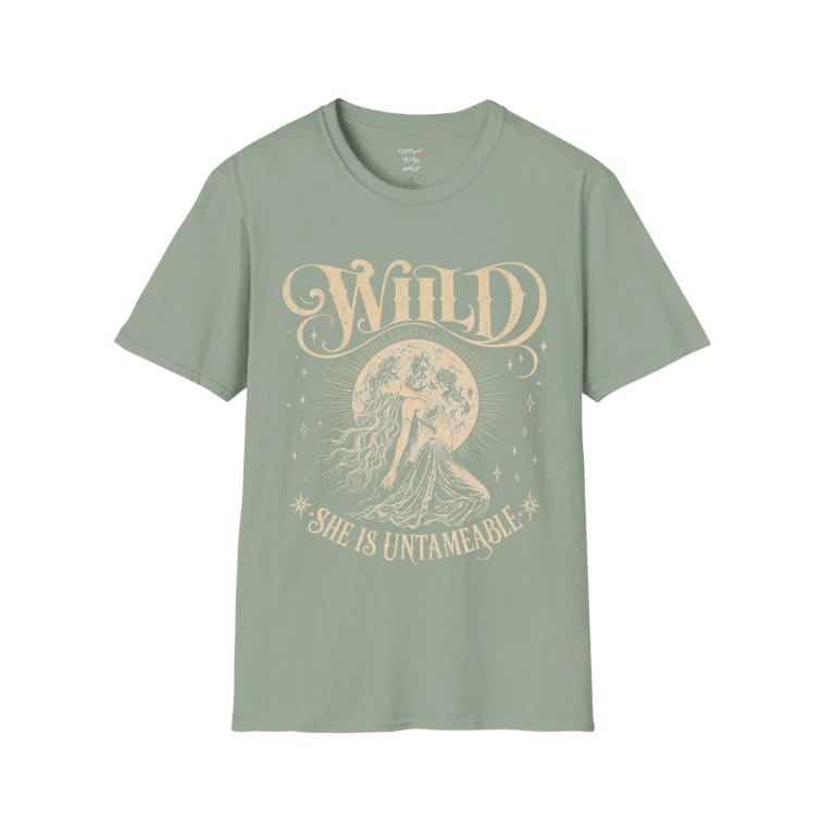 Sage Wild T-Shirt with celestial moon goddess artwork and vintage-inspired mystical yoga aesthetic.