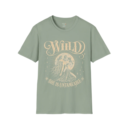 Sage Wild T-Shirt with celestial moon goddess artwork and vintage-inspired mystical yoga aesthetic.