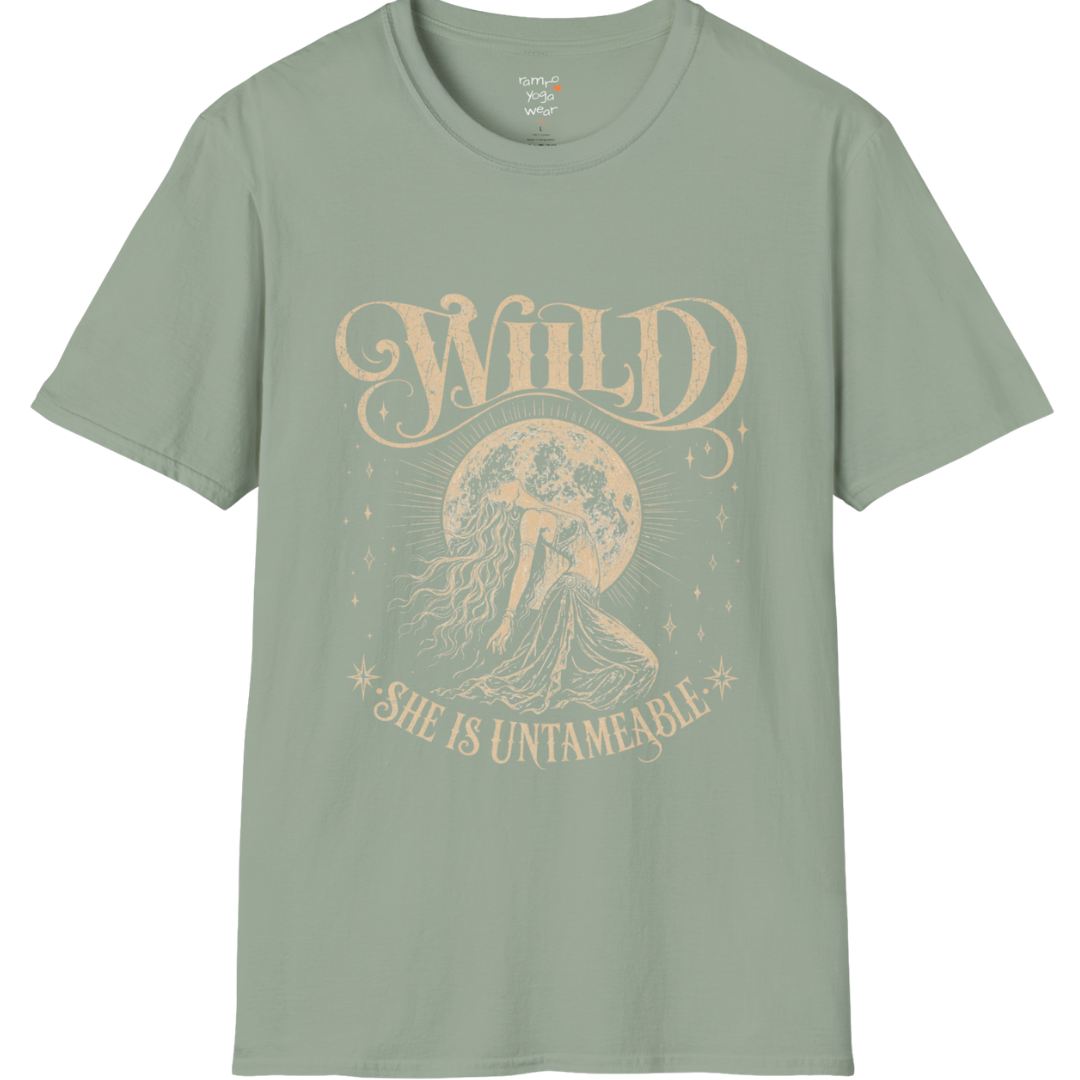 Sage Wild T-Shirt with celestial moon goddess artwork and vintage-inspired mystical yoga aesthetic.