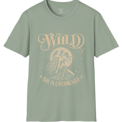 Sage Wild T-Shirt with celestial moon goddess artwork and vintage-inspired mystical yoga aesthetic.