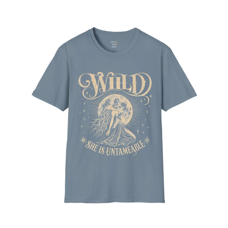 Stone Blue Wild T-Shirt with distressed cream spiritual artwork and feminine moonlit graphic design.
