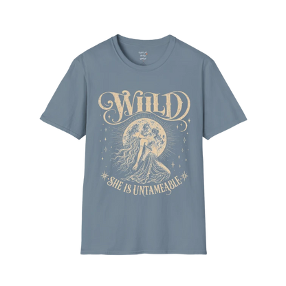 Stone Blue Wild T-Shirt with distressed cream spiritual artwork and feminine moonlit graphic design.