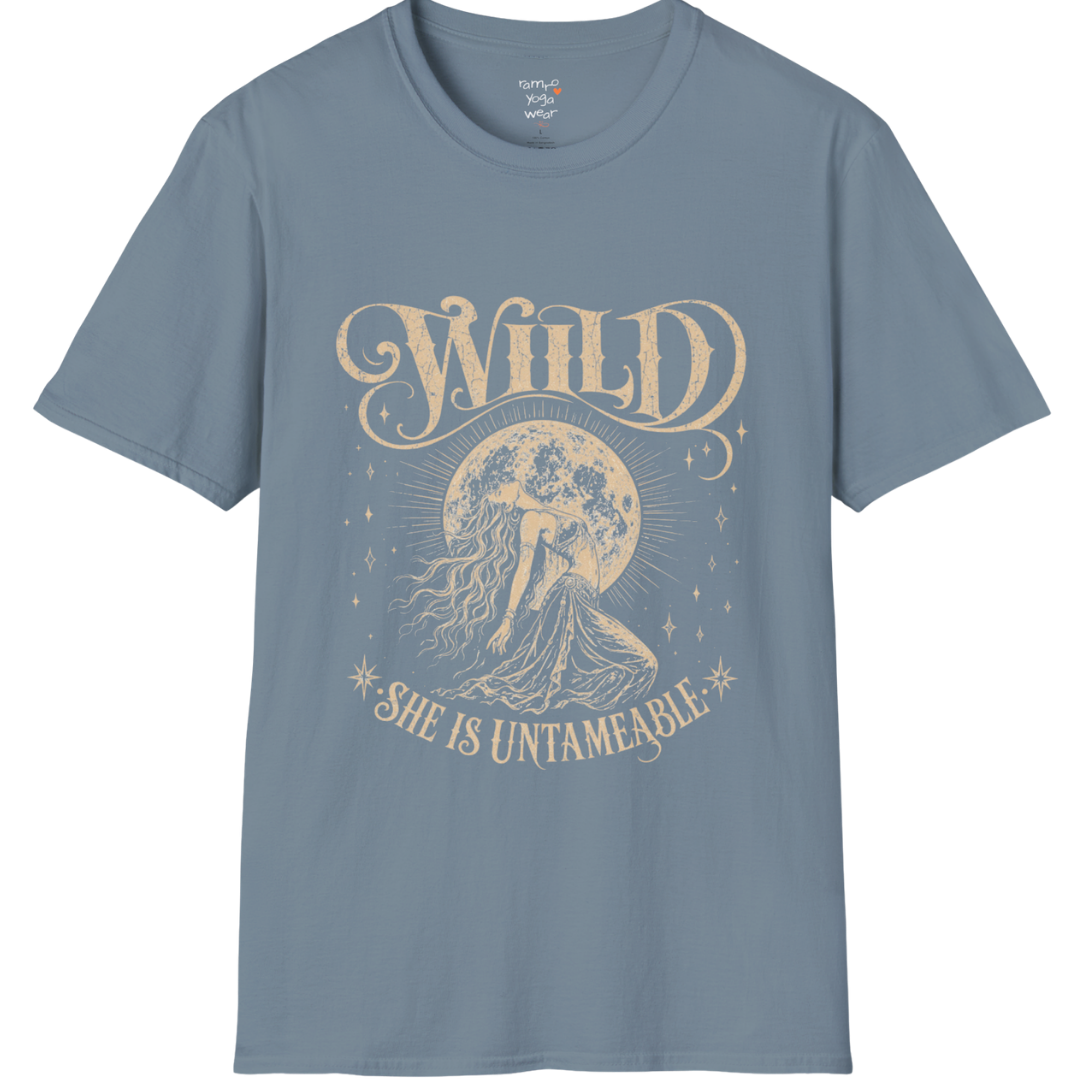 Stone Blue Wild T-Shirt with distressed cream spiritual artwork and feminine moonlit graphic design.