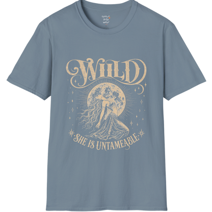 Stone Blue Wild T-Shirt with distressed cream spiritual artwork and feminine moonlit graphic design.
