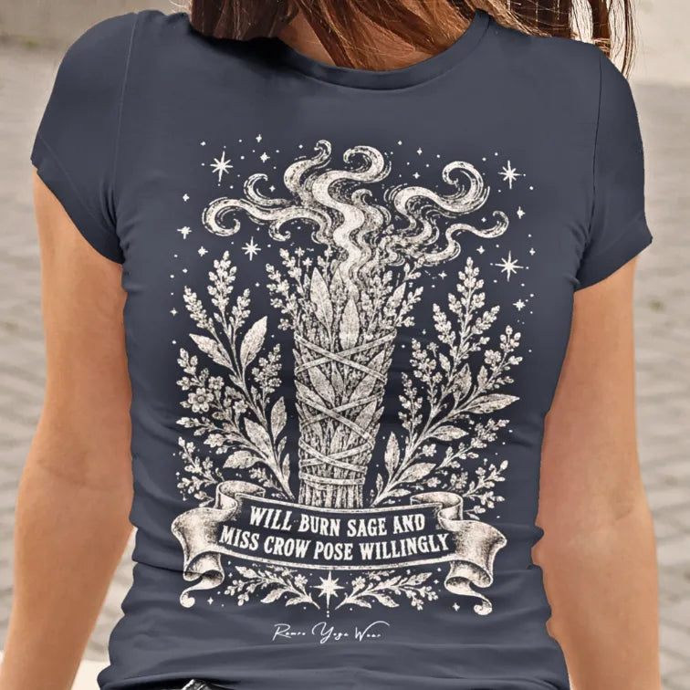 Person wearing Willingly Heather Midnight Navy tee, close-up front view showing the sage bundle graphic — Funny Yoga Shirts collection by Ramro Yoga Wear