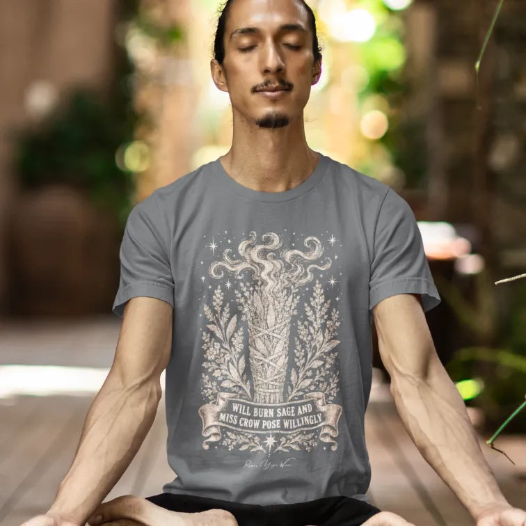 Person wearing Willingly Storm tee, seated outdoors in a meditation pose — Funny Yoga Shirts collection by Ramro Yoga Wear