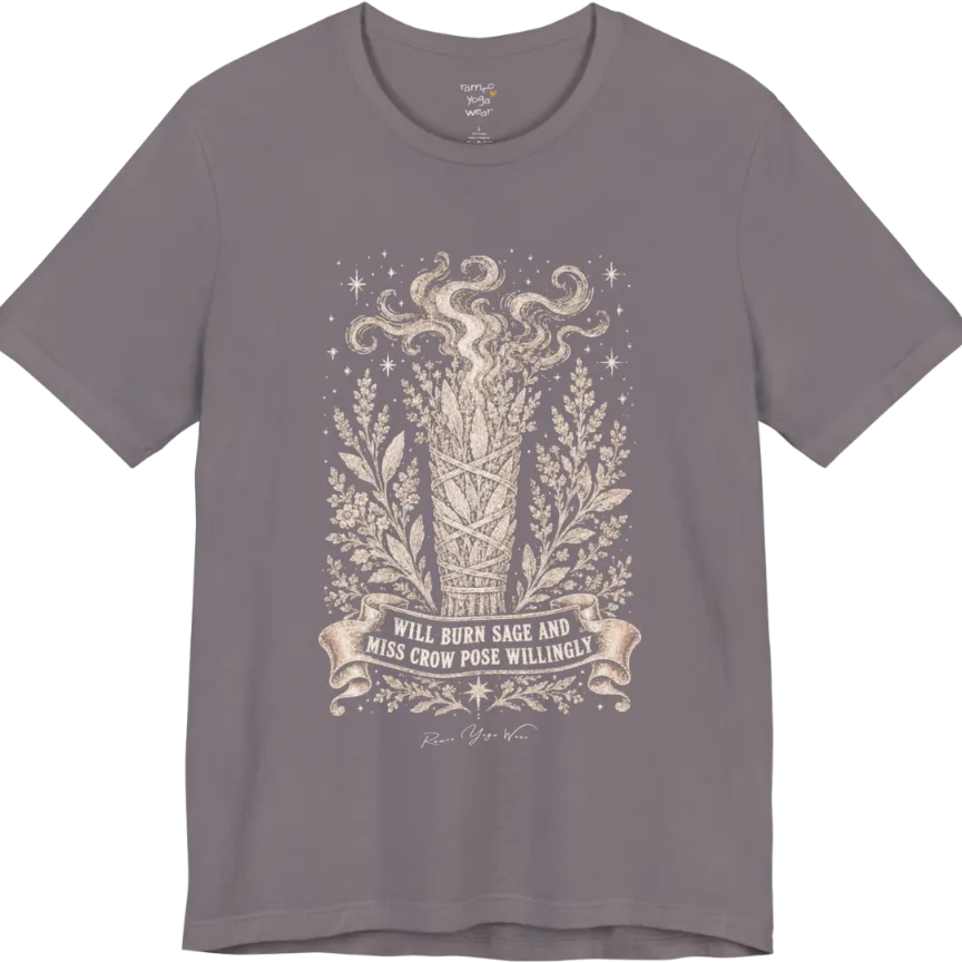A short sleeved tee illustrating a bundled sage smudge stick with smoke and botanical framing, "Will Burn Sage And Miss Crow Pose Willingly" banner design — Funny Yoga Shirts collection by Ramro Yoga Wear in Storm.