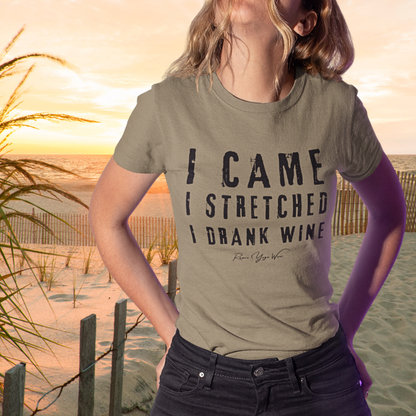 Woman wearing Wine Heather Olive funny yoga shirt at golden hour — Funny Yoga Shirts collection by Ramro Yoga Wear