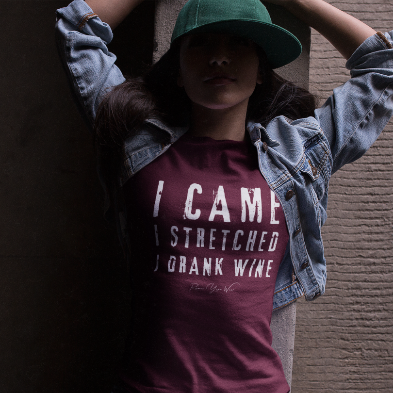 Woman wearing Wine Heather Cardinal funny yoga shirt — Funny Yoga Shirts collection by Ramro Yoga Wear