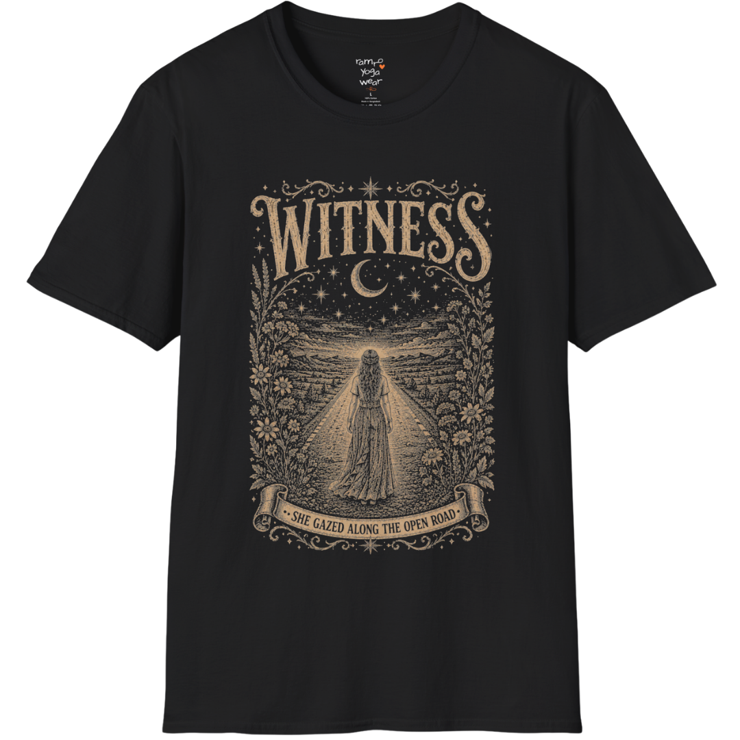 Woman standing on an open road under a crescent moon with botanical engraving design — Dark Sacred Stillness collection by Ramro Yoga Wear — Black