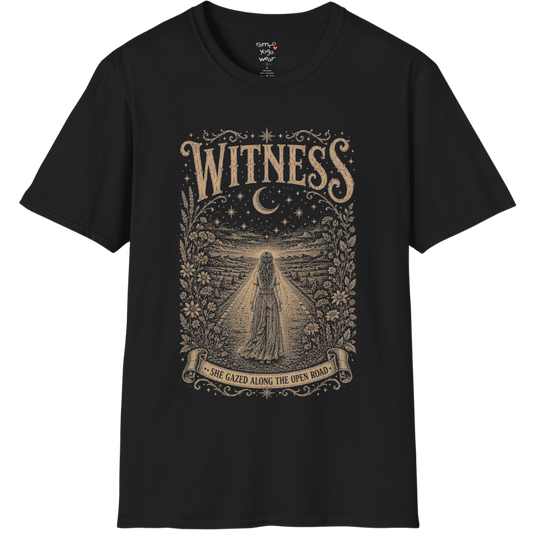 Woman standing on an open road under a crescent moon with botanical engraving design — Dark Sacred Stillness collection by Ramro Yoga Wear — Black