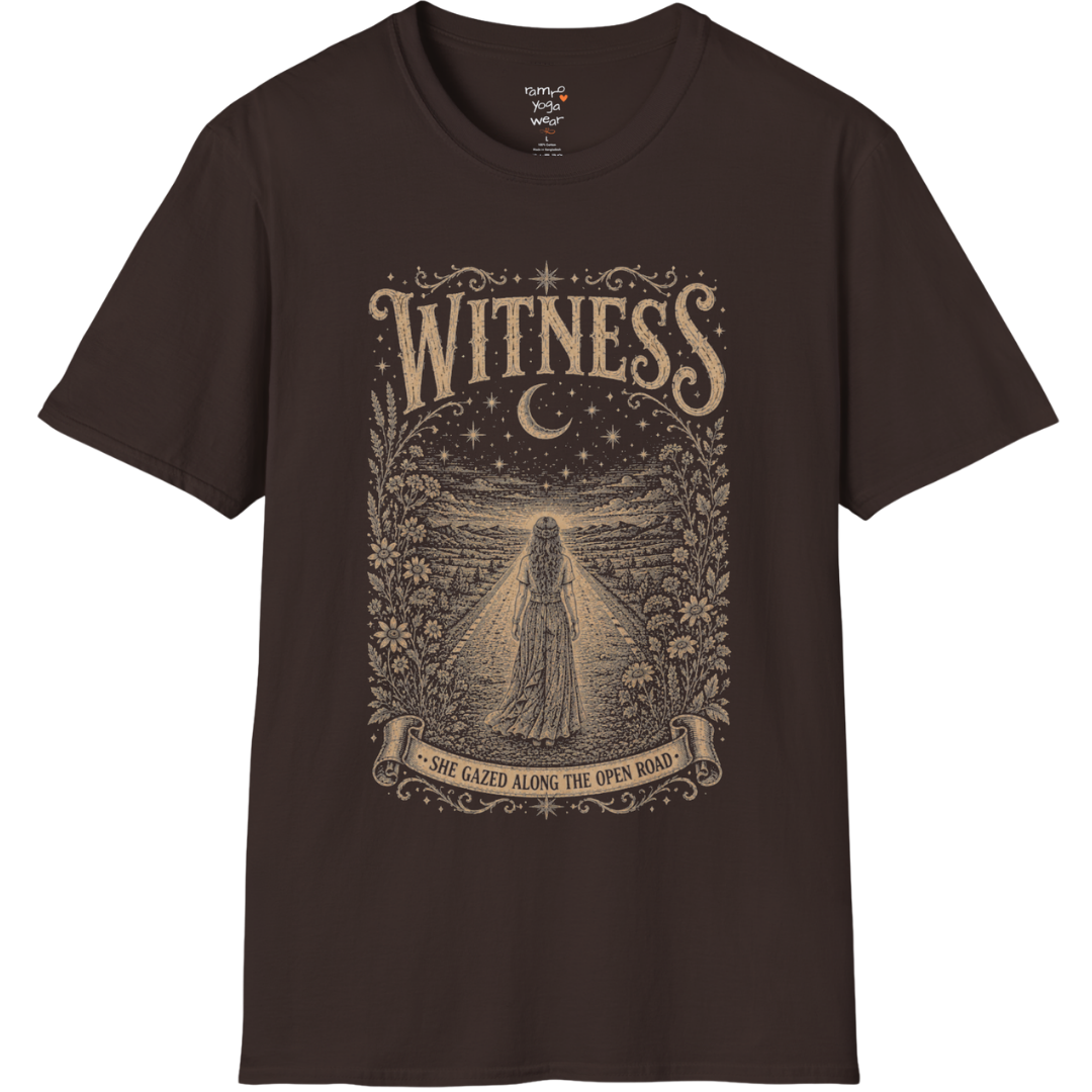 Woman standing on an open road under a crescent moon with botanical engraving design — Dark Sacred Stillness collection by Ramro Yoga Wear — Dark Chocolate