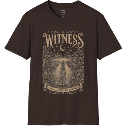 Woman standing on an open road under a crescent moon with botanical engraving design — Dark Sacred Stillness collection by Ramro Yoga Wear — Dark Chocolate
