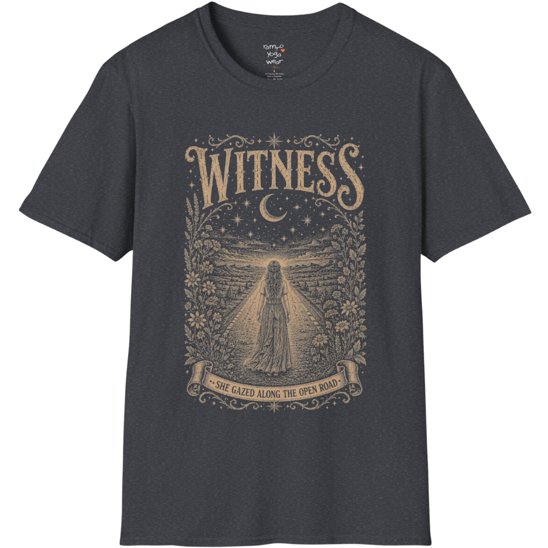 Woman standing on an open road under a crescent moon with botanical engraving design — Dark Sacred Stillness collection by Ramro Yoga Wear — Dark Heather Grey