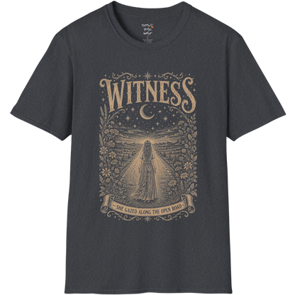 Woman standing on an open road under a crescent moon with botanical engraving design — Dark Sacred Stillness collection by Ramro Yoga Wear — Dark Heather Grey