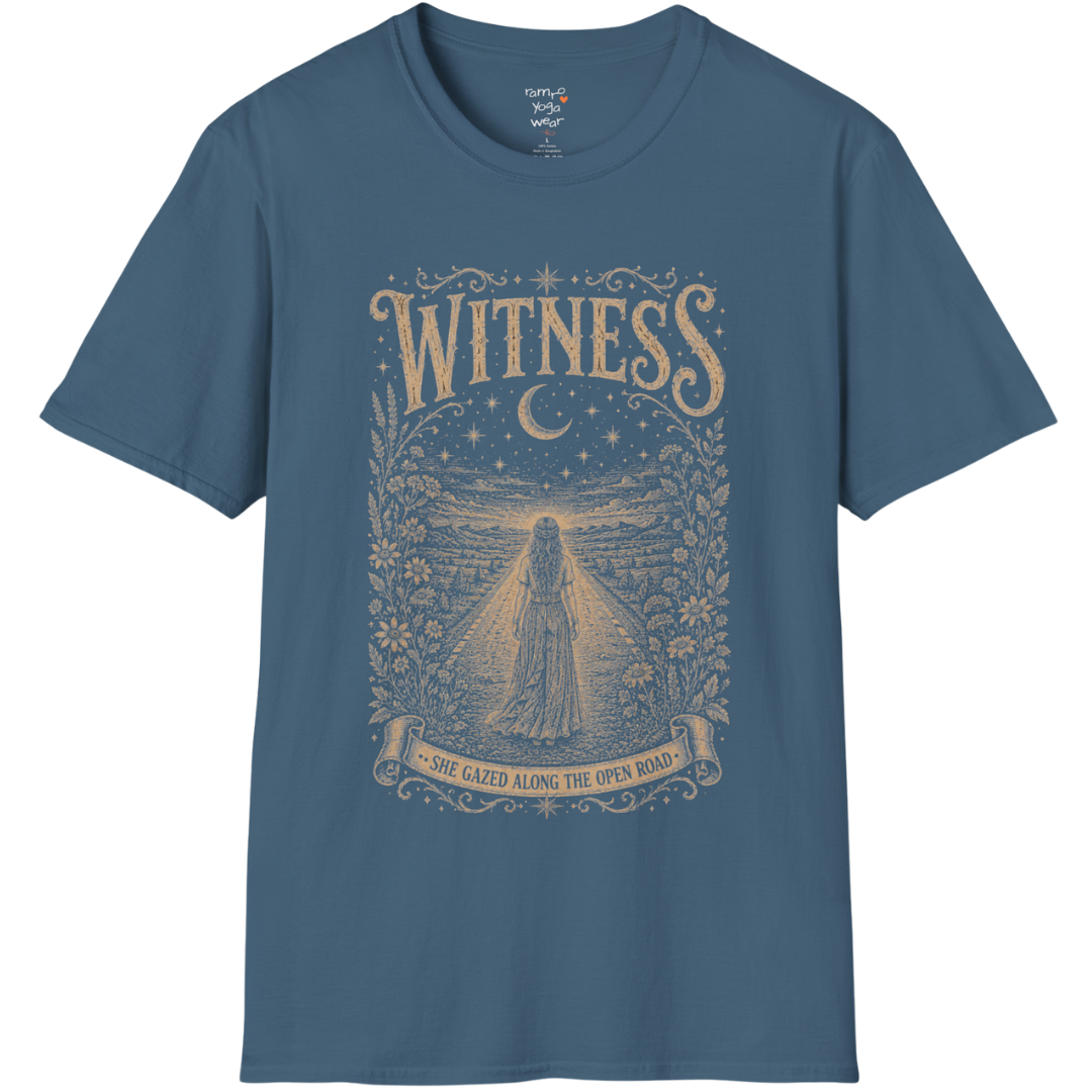 Woman standing on an open road under a crescent moon with botanical engraving design — Dark Sacred Stillness collection by Ramro Yoga Wear — Indigo Blue