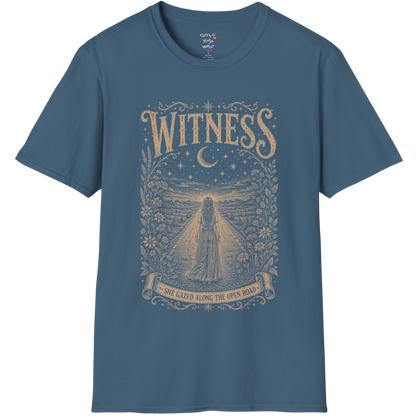Woman standing on an open road under a crescent moon with botanical engraving design — Dark Sacred Stillness collection by Ramro Yoga Wear — Indigo Blue