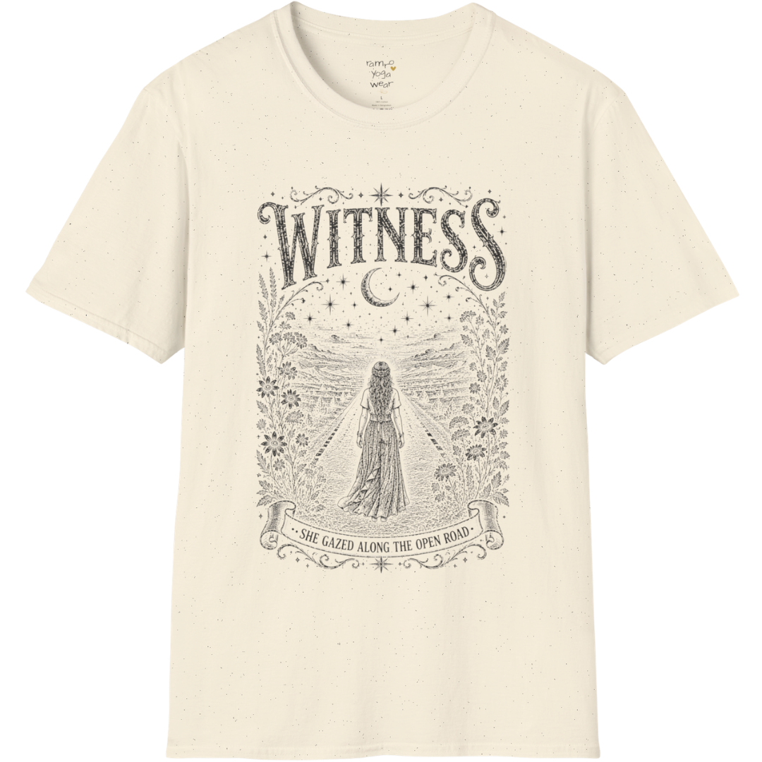 Woman standing on an open road under a crescent moon with botanical engraving design — Dark Sacred Stillness collection by Ramro Yoga Wear — Natural