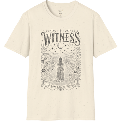 Woman standing on an open road under a crescent moon with botanical engraving design — Dark Sacred Stillness collection by Ramro Yoga Wear — Natural